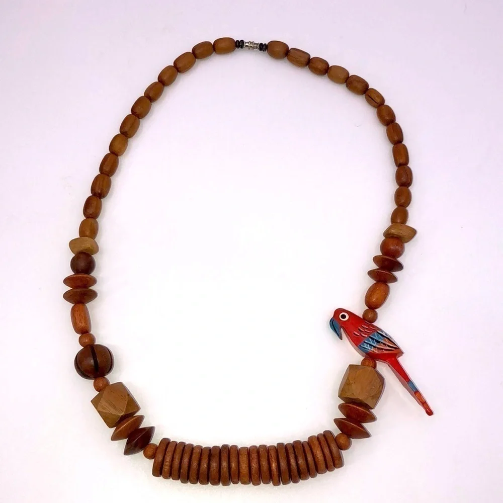 Vintage 70s or 80s Necklace Wooden Hand Painted Parrot Wooden Beads Artsy
